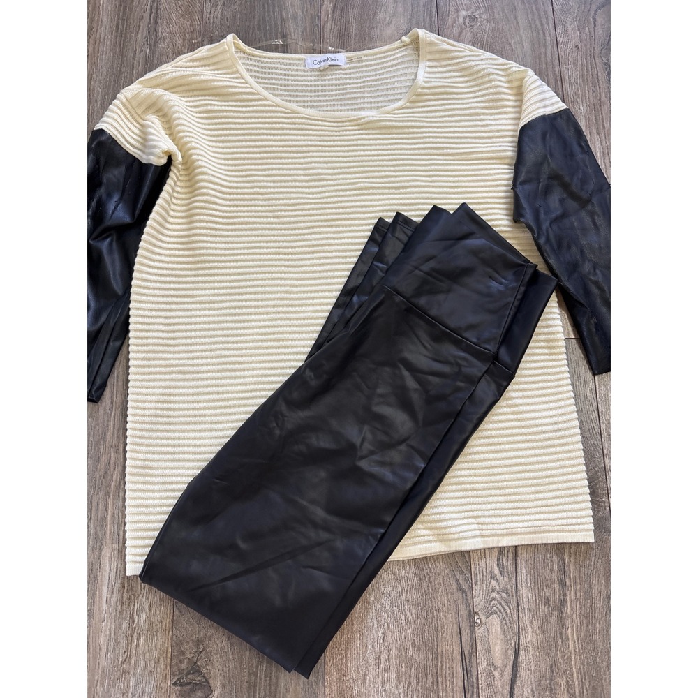Calvin Klein Textured Ribbed Knit‎ Top Black Faux Leather Sleeve Size S